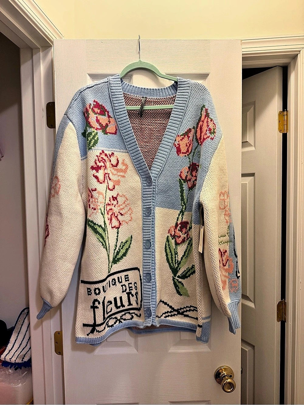 Anthropologie Floral Knit Cardigan in Blue & Cream Size Large/XL NWT